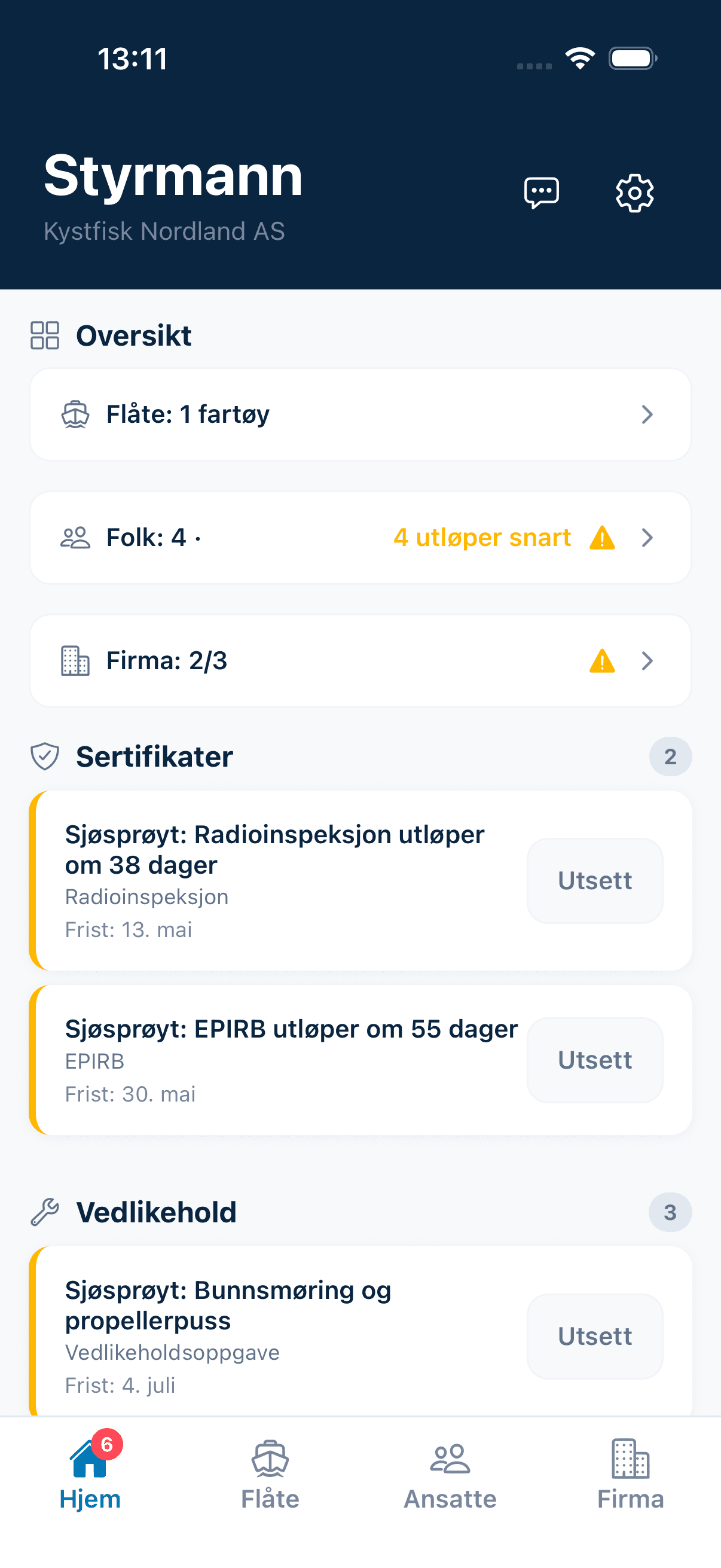Fiskeri, hjemskjerm med varsler